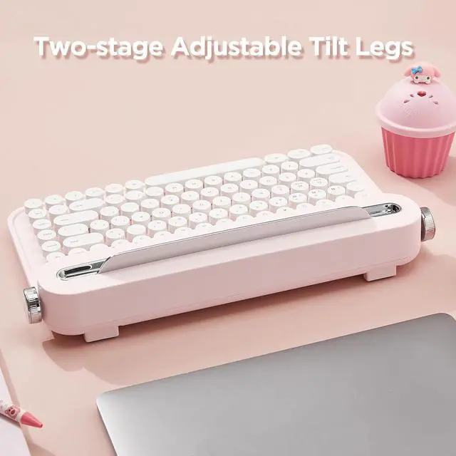 Alt view image 6 of 7 - YUNZII ACTTO B305 Wireless Keyboard, Retro Bluetooth Typewriter Keyboard with Integrated Stand for Multi-Device (Baby Pink, B305)