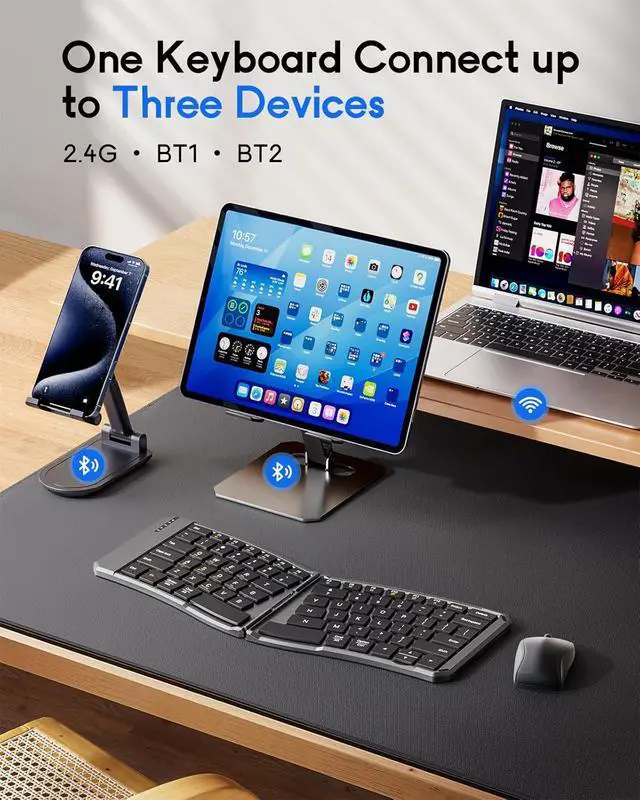 Alt view image 3 of 7 - MoKo Foldable Bluetooth Keyboard, Ergonomic Keyboard with Bluetooth Connection and 2.4G Wireless Connection, for iOS/Android/Windows Tablet Smartphone Devices