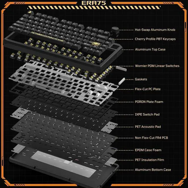 Alt view image 6 of 6 - Womier ERA75 75% Wireless Keyboard with Knob Full Aluminum, VIA/QMK Custom Mechanical Keyboard, Pre-lubed POM Switches RGB Creamy Gaming Key Board, 3-Mode Gasket Hot Swappable, Black