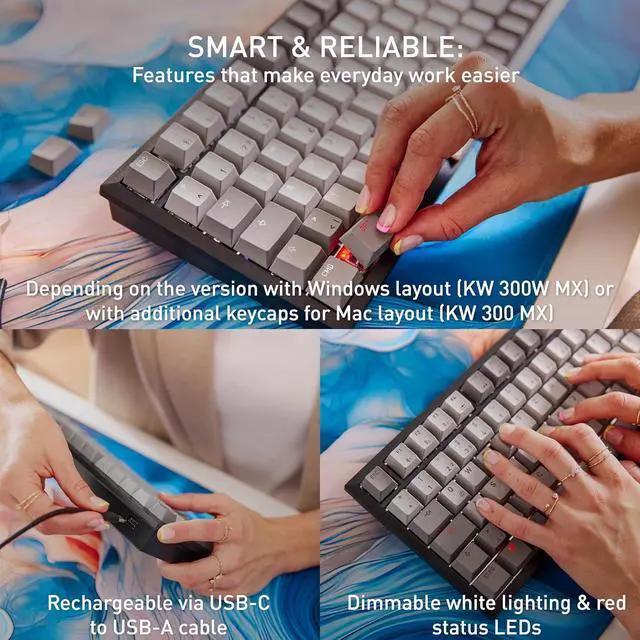 Alt view image 6 of 7 - Cherry KW 300 MX Black Mechanical Keyboard | Compact hot-swappable | Sound-Proofed housing | Multi Connection | MX2A Silent Red Switches