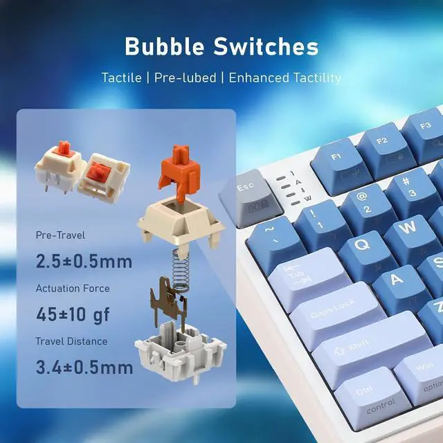 Alt view image 6 of 7 - iRocks K85R Wireless RGB Backlit Mechanical Gaming Keyboard with LCD Display, Hot-Swappable Pre-lubed Brown Switches, 98 PBT Keys, USB-C Detachable Cable (Aurora Blue, Bubble Switch)