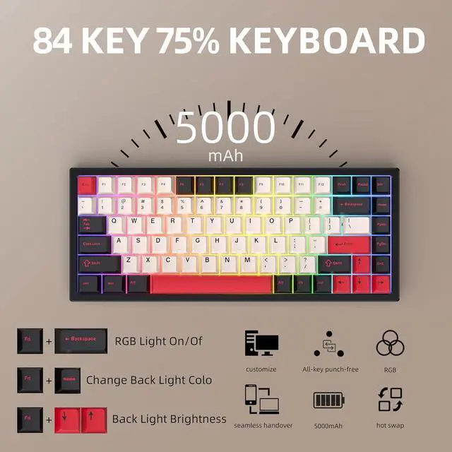Alt view image 3 of 7 - 75% Wireless Gaming Keyboard RGB Triple Mode Hot Swappable Mechanical Keyboard PBT Keys Gasket Creamy Custom Keyboard Quiet White Switch for Win/MAC