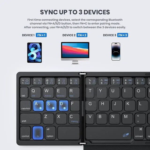 Alt view image 5 of 7 - Docooler Foldable Bluetooth Keyboard, Portable Full Size Folding Keyboard with Touchpad, Business Travel Folding Wireless Keyboard with One Key Switching Device for Home, Work, Travel, Study - Black