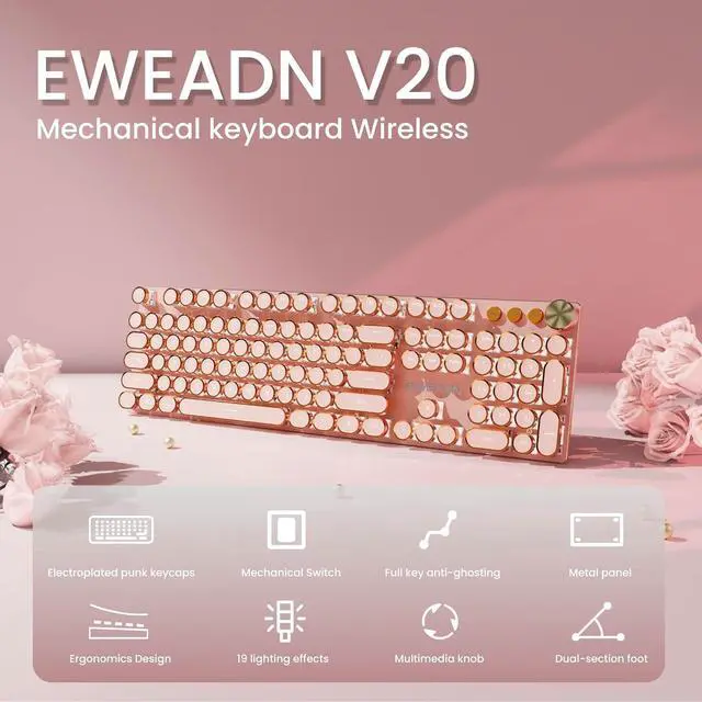 Alt view image 2 of 5 - V20 Typewriter Keyboard Wireless, 104 Keys Typewriter Style Mechanical with White Backlit, Media Knob, Pink Switch 2.4G/Bluetooth/USB-C Wired Retro Full Size Keyboard for Windows/Mac/PC-Pink