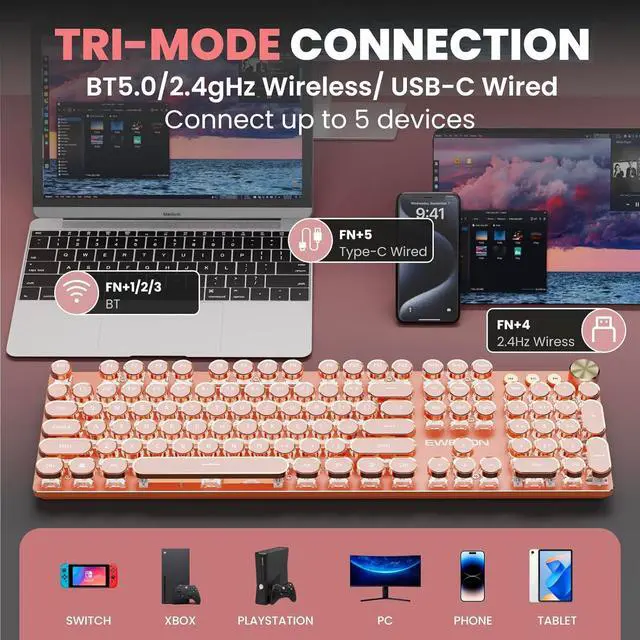 Alt view image 3 of 5 - V20 Typewriter Keyboard Wireless, 104 Keys Typewriter Style Mechanical with White Backlit, Media Knob, Pink Switch 2.4G/Bluetooth/USB-C Wired Retro Full Size Keyboard for Windows/Mac/PC-Pink