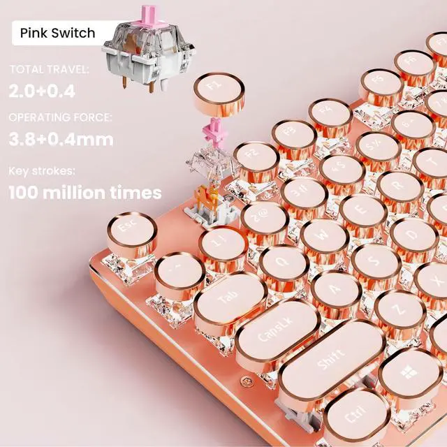 Alt view image 4 of 5 - V20 Typewriter Keyboard Wireless, 104 Keys Typewriter Style Mechanical with White Backlit, Media Knob, Pink Switch 2.4G/Bluetooth/USB-C Wired Retro Full Size Keyboard for Windows/Mac/PC-Pink