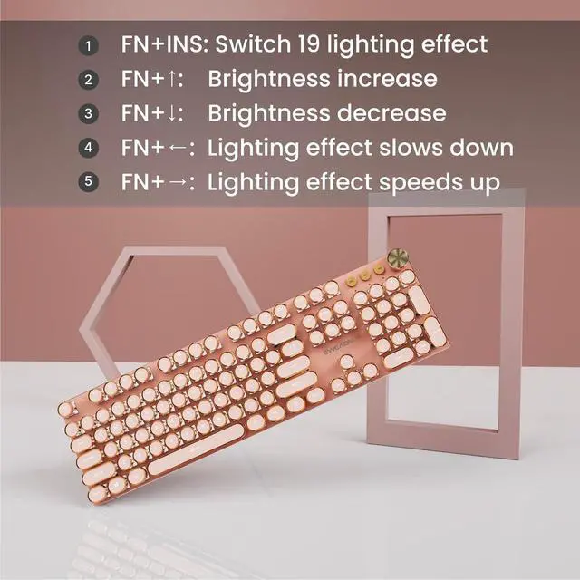 Alt view image 5 of 5 - V20 Typewriter Keyboard Wireless, 104 Keys Typewriter Style Mechanical with White Backlit, Media Knob, Pink Switch 2.4G/Bluetooth/USB-C Wired Retro Full Size Keyboard for Windows/Mac/PC-Pink