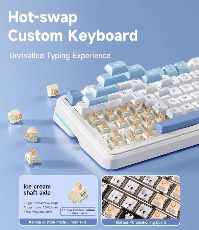 Alt view image 4 of 6 - K99 98% Wireless Mechanical Keyboard, Tri-Mode Connection, Compact Gaming Keyboard with Six-Layer Padding Gasket, RGB Backlit,Hot Swappable Custom Keyboard for Mac/PC