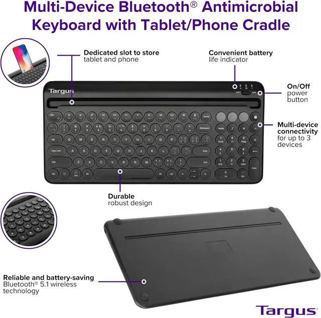 Alt view image 5 of 6 - Targus Multi-Device Bluetooth Keyboard with Tablet/Phone Cradle - Compatible with Chrome OS, Windows, macOS, iOS, and Android, Black (AKB867US)