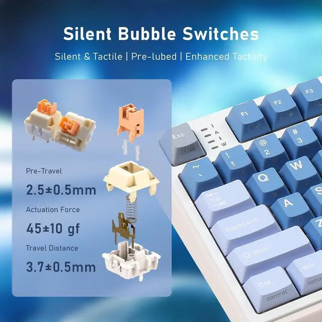 Alt view image 6 of 7 - iRocks K85R Wireless RGB Backlit Mechanical Gaming Keyboard with LCD Display, Hot-Swappable Pre-lubed Switches, 98 PBT Keys, USB-C Detachable Cable (Aurora Blue, Silent Bubble Switch)