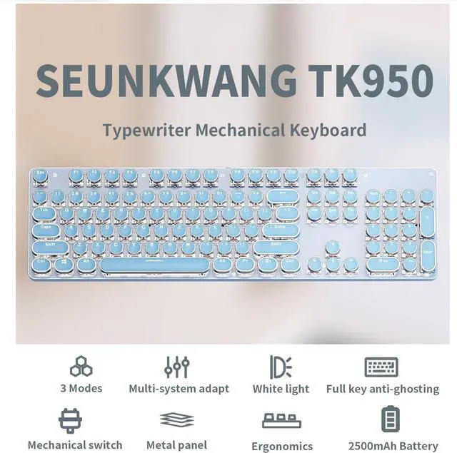 Alt view image 2 of 7 - TK950 104 Keys Aesthetic Typewriter Keyboards with White Backlit, Typewriter Keyboard Wireless Mechanical Keyboard, Blue Switch, Anti-Ghosting Bluetooth/2.4GHz/Wired Keyboards-Blue