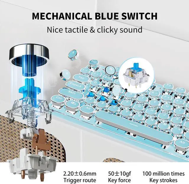 Alt view image 5 of 7 - TK950 104 Keys Aesthetic Typewriter Keyboards with White Backlit, Typewriter Keyboard Wireless Mechanical Keyboard, Blue Switch, Anti-Ghosting Bluetooth/2.4GHz/Wired Keyboards-Blue
