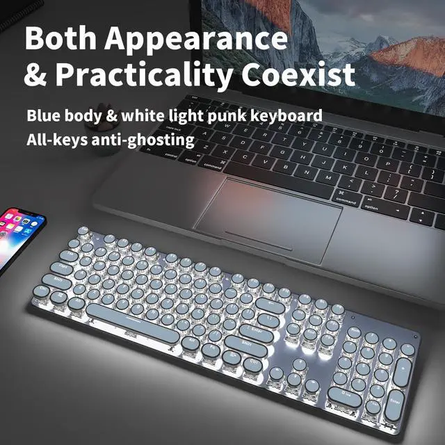 Alt view image 7 of 7 - TK950 104 Keys Aesthetic Typewriter Keyboards with White Backlit, Typewriter Keyboard Wireless Mechanical Keyboard, Blue Switch, Anti-Ghosting Bluetooth/2.4GHz/Wired Keyboards-Blue