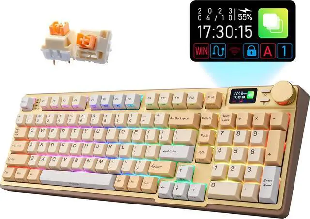 Main image of iRocks K85R Wireless RGB Backlit Mechanical Gaming Keyboard with LCD Display, Hot-Swappable Pre-lubed Switches, 98 PBT Keys, USB-C Detachable Cable (Light Golden, Silent Bubble Switch)
