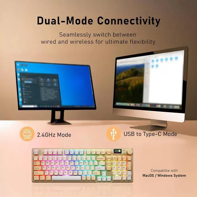 Alt view image 2 of 7 - iRocks K85R Wireless RGB Backlit Mechanical Gaming Keyboard with LCD Display, Hot-Swappable Pre-lubed Brown Switches, 98 PBT Keys, USB-C Detachable Cable (Light Golden, Bubble Switch)
