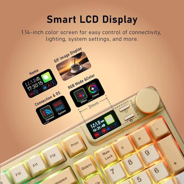 Alt view image 3 of 7 - iRocks K85R Wireless RGB Backlit Mechanical Gaming Keyboard with LCD Display, Hot-Swappable Pre-lubed Brown Switches, 98 PBT Keys, USB-C Detachable Cable (Light Golden, Bubble Switch)