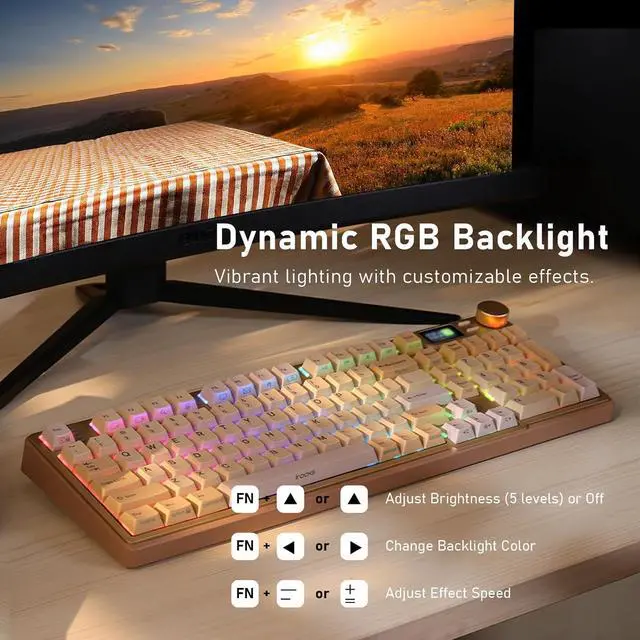 Alt view image 7 of 7 - iRocks K85R Wireless RGB Backlit Mechanical Gaming Keyboard with LCD Display, Hot-Swappable Pre-lubed Brown Switches, 98 PBT Keys, USB-C Detachable Cable (Light Golden, Bubble Switch)