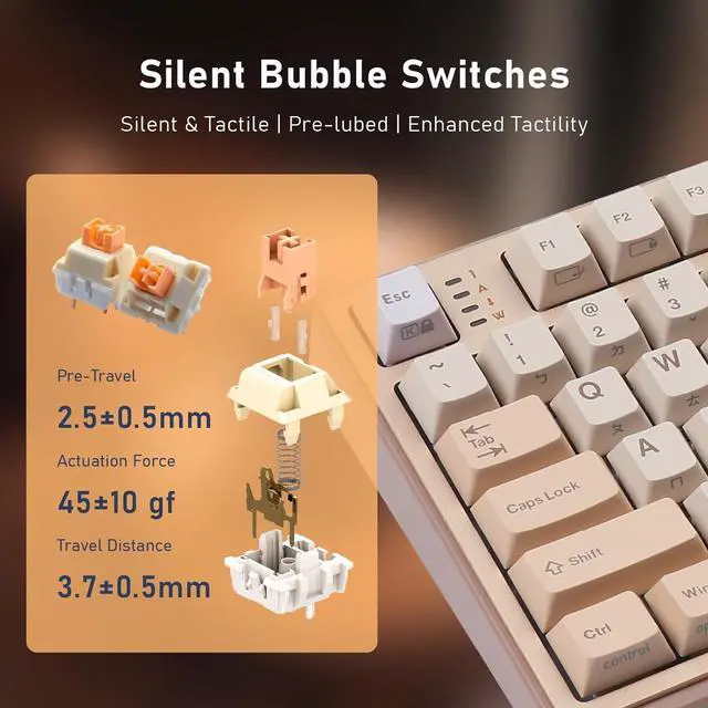 Alt view image 6 of 7 - iRocks K85R Wireless RGB Backlit Mechanical Gaming Keyboard with LCD Display, Hot-Swappable Pre-lubed Switches, 98 PBT Keys, USB-C Detachable Cable (Light Golden, Silent Bubble Switch)