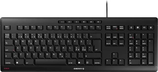 Main image of CHERRY Stream Keyboard, Wired Keyboard, Pan Nordic Layout (QWERTY), Whisper Quiet Keystroke, Unique Typing Feel, Flat Design, Black