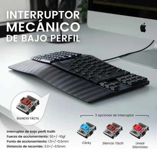 Alt view image 6 of 7 - Perixx PERIBOARD-335BR ES Teclado compacto mecánico ergonómico con Cable - Interruptores táctiles marrones de perfil Bajo - Teclas programables - Teclado español con ñ