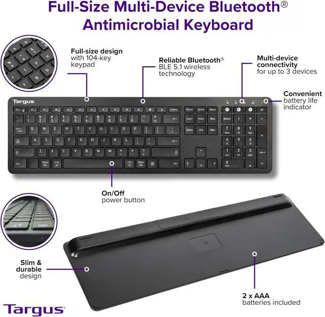 Alt view image 3 of 4 - Targus Full-Size Multi-Device Bluetooth Keyboard - Compatible with Chrome OS, Windows, macOS, iOS, and Android (AKB864US)