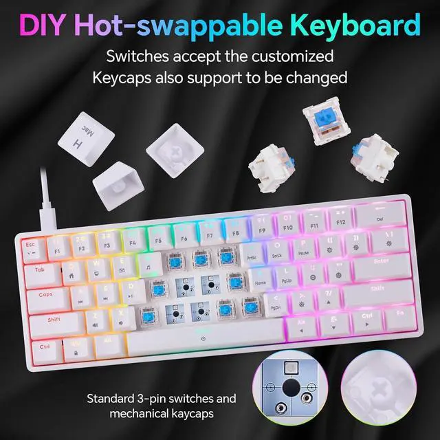 Alt view image 2 of 7 - Mechanical 60% Keyboard RGB 1680M Color Backlit Compact Mini 61 Key Blue Switch Portable Keypad Compatible with Windows iMac Laptop PC Computer Office Gamer(White)
