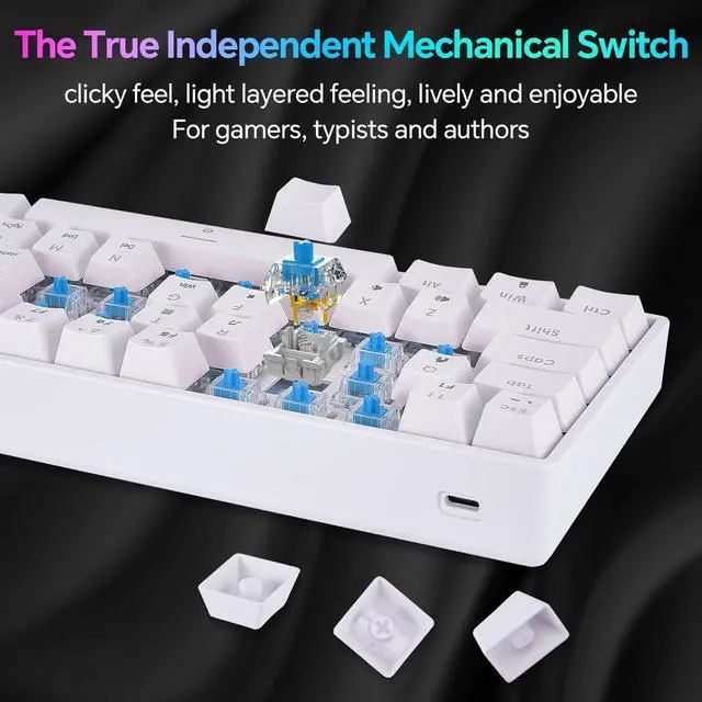 Alt view image 3 of 7 - Mechanical 60% Keyboard RGB 1680M Color Backlit Compact Mini 61 Key Blue Switch Portable Keypad Compatible with Windows iMac Laptop PC Computer Office Gamer(White)