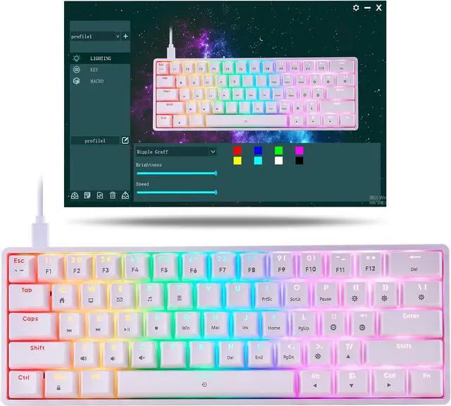 Alt view image 7 of 7 - Mechanical 60% Keyboard RGB 1680M Color Backlit Compact Mini 61 Key Blue Switch Portable Keypad Compatible with Windows iMac Laptop PC Computer Office Gamer(White)
