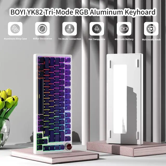 Alt view image 2 of 7 - BOYI YK82 75% Aluminum Alloy Mechanical Keyboard,Gasket-Mounted Hot-Swap,Wireless BT5.0/2.4G/Type-C Wired Programmable RGB Backlit Gaming Keyboard with Knob (Purple Side Printed PBT Keycaps)