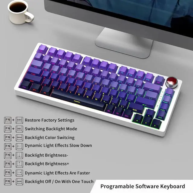Alt view image 3 of 7 - BOYI YK82 75% Aluminum Alloy Mechanical Keyboard,Gasket-Mounted Hot-Swap,Wireless BT5.0/2.4G/Type-C Wired Programmable RGB Backlit Gaming Keyboard with Knob (Purple Side Printed PBT Keycaps)