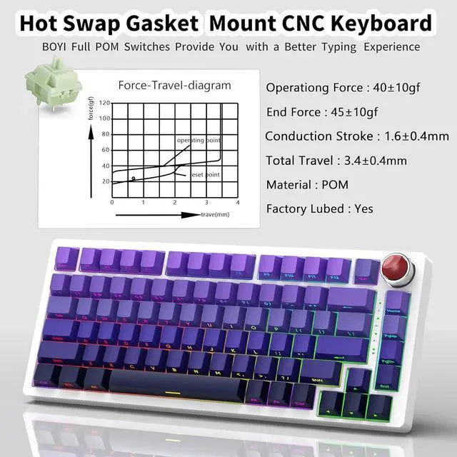Alt view image 5 of 7 - BOYI YK82 75% Aluminum Alloy Mechanical Keyboard,Gasket-Mounted Hot-Swap,Wireless BT5.0/2.4G/Type-C Wired Programmable RGB Backlit Gaming Keyboard with Knob (Purple Side Printed PBT Keycaps)