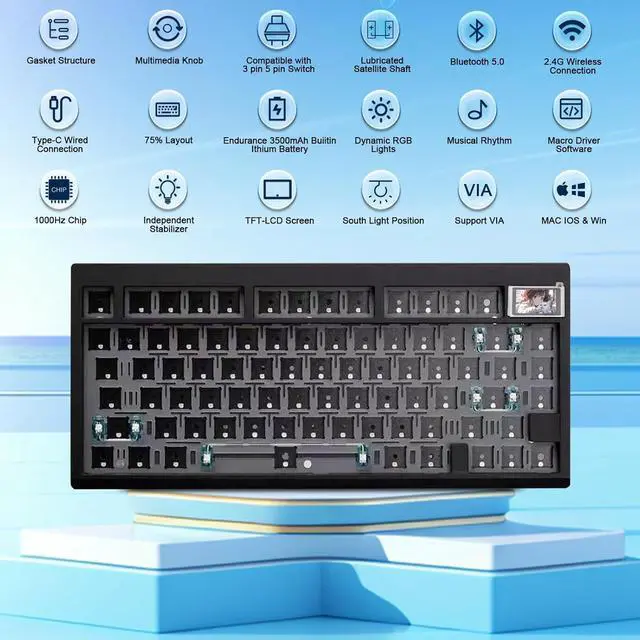 Alt view image 2 of 7 - BOYI GMK81 Barebones Keyboard with Screen,VIA Programmable Tri-Mode BT5.0/2.4G/USB-C Wired Hot Swappable PCB Gasket Mounted 75% Wireless Mechanical Keyboard Custom RGB Gaming DIY Kit(Black)