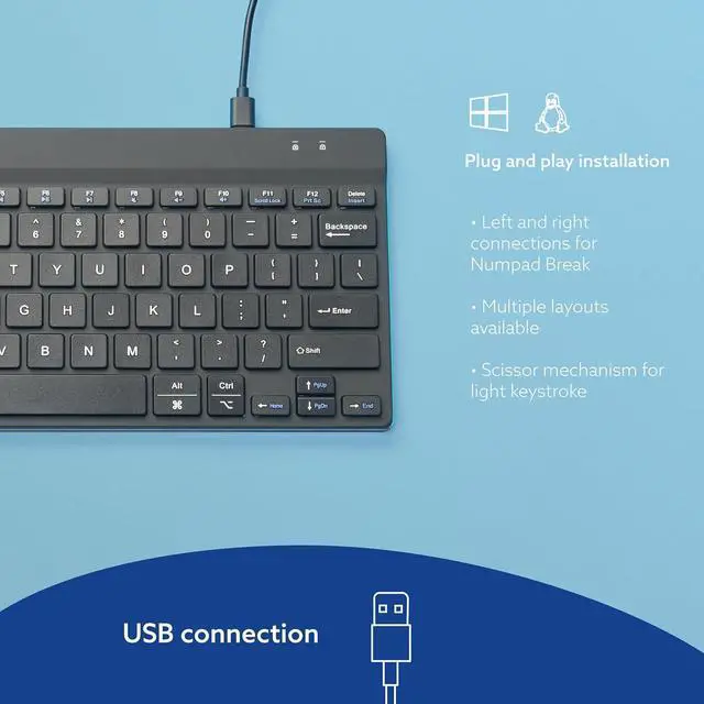 Alt view image 5 of 7 - R-Go Compact Keyboard, with Break Software, Ergonomic Flat Design, Anti-RSI, USB-C/A Wired, Compatible with Windows/Mac OS, QWERTY (US), Multi-Media Keys, Black