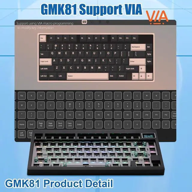 Alt view image 6 of 7 - BOYI GMK81 Barebones Keyboard with Screen,VIA Programmable Tri-Mode BT5.0/2.4G/USB-C Wired Hot Swappable PCB Gasket Mounted 75% Wireless Mechanical Keyboard Custom RGB Gaming DIY Kit(Black)