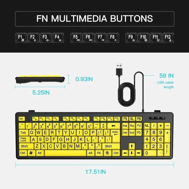 Alt view image 5 of 7 - Large Font Yellow Elderly Keyboard Large Print Computer Keyboard, Wired USB High Contrast Keyboard with Oversized Print Letters, Computer Keyboards Wired Keyboard for Seniors, Elderly