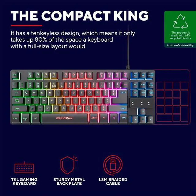 Alt view image 2 of 7 - Trust Gaming GXT 833 Thado NL/US Keyboard with TKL Design - Dutch QWERTY Keyboard Layout, US Keyboard - Anti-Ghosting, Multicoloured LED Lighting, 12 Media Keys, USB Plug & Play, PC/Laptop