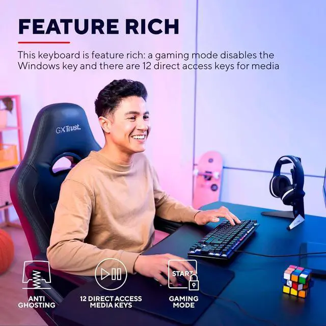 Alt view image 3 of 7 - Trust Gaming GXT 833 Thado NL/US Keyboard with TKL Design - Dutch QWERTY Keyboard Layout, US Keyboard - Anti-Ghosting, Multicoloured LED Lighting, 12 Media Keys, USB Plug & Play, PC/Laptop