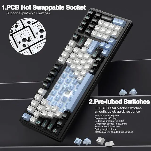 Alt view image 5 of 7 - AULA F99 Wireless Mechanical Keyboard,Tri-Mode BT5.0/2.4GHz/USB-C Hot Swappable Custom Keyboards+LEOBOG Graywood V3 Switches Set