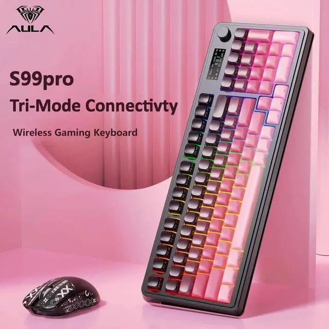 Alt view image 2 of 5 - AULA S99 Pro Keyboard, Wireless Keyboards with Media Knob Custom RGB Backlit, 3-Modes BT/2.4G/USB-C Membrane Gaming Creamy Keyboard for Windows/MAC/PC Gamer - Black Pink