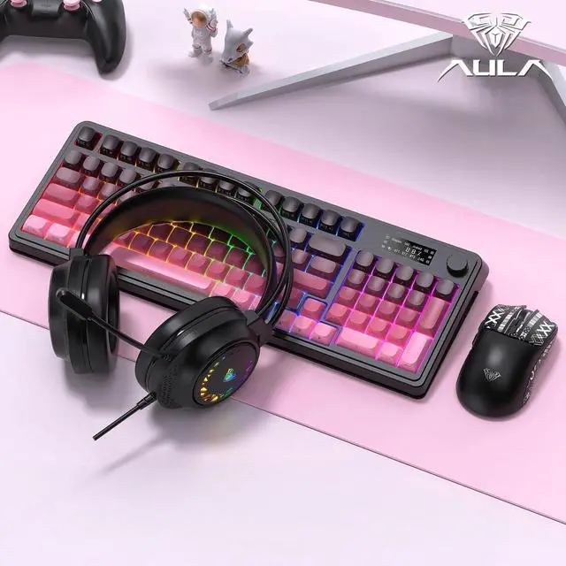 Alt view image 5 of 5 - AULA S99 Pro Keyboard, Wireless Keyboards with Media Knob Custom RGB Backlit, 3-Modes BT/2.4G/USB-C Membrane Gaming Creamy Keyboard for Windows/MAC/PC Gamer - Black Pink