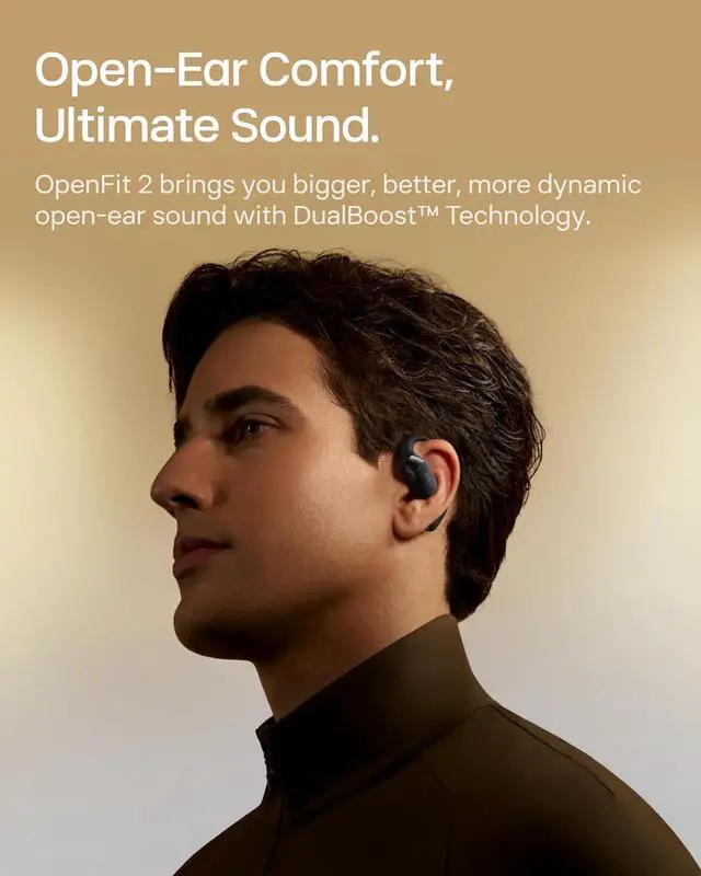 Alt view image 3 of 7 - SHOKZ New OpenFit 2 Open-Ear Headphones, True Wireless Bluetooth Earphones with Microphone, Earhook Earbuds with 48 Hours of Playtime, Fast Charging, IP55 Water-Resistant, with Carrying Bag, Black