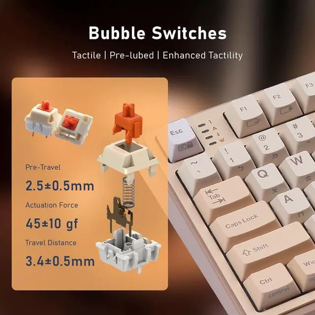 Alt view image 6 of 7 - iRocks K85R Wireless RGB Backlit Mechanical Gaming Keyboard with LCD Display, Hot-Swappable Pre-lubed Brown Switches, 98 PBT Keys, USB-C Detachable Cable (Light Golden, Bubble Switch)