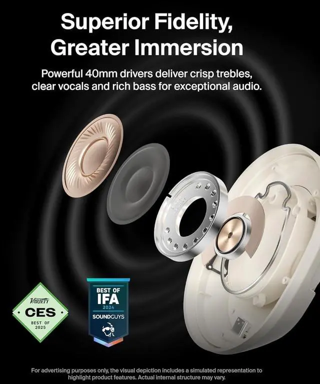 Alt view image 6 of 7 - Belkin SoundForm Isolate Bluetooth Over-Ear Headphones - Hybrid Active Noise Cancelling Headphones - Wireless w/ 60H Playtime, Fast Charging & CloudCushion Ear Cups for Travel, Home, or Office - Sand