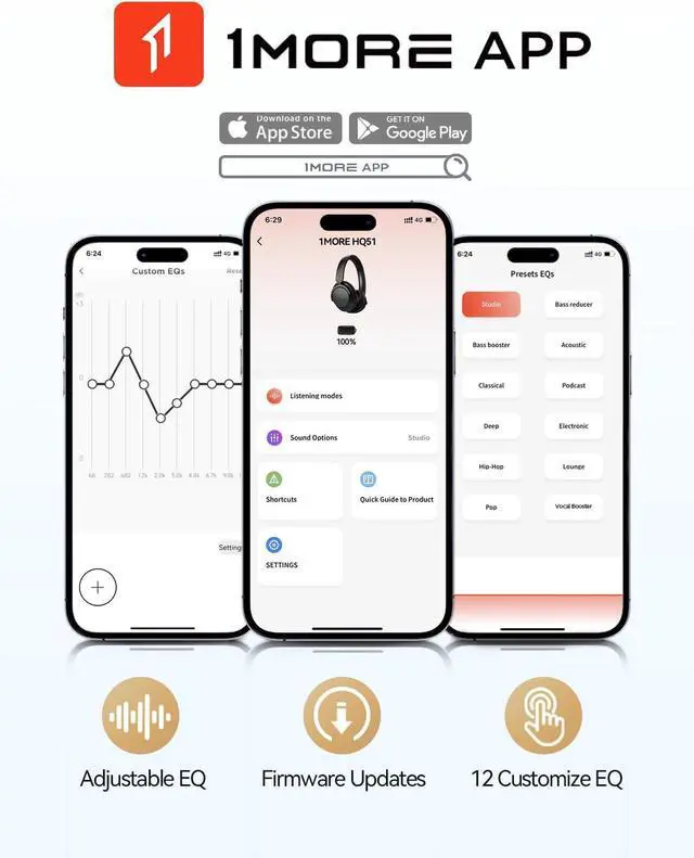 Alt view image 7 of 7 - 1MORE SonoFlow Pro HQ51 Active Noise Cancelling Headphones, 4X Voice Reduction, LDAC Hi-Res Audio, 12 Custom EQ, 100H Playtime, Bluetooth 5.4, Comfort Fit Over Ear Headset for Home Office Travel