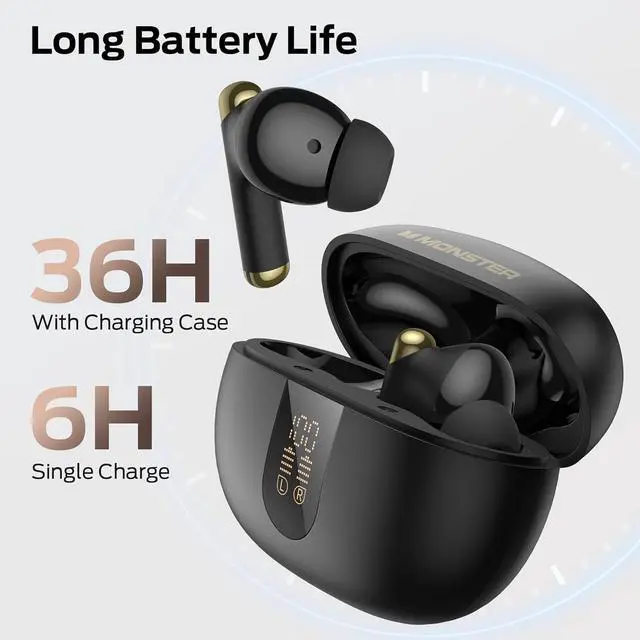 Alt view image 4 of 7 - Monster N-Lite 211 Wireless Earbuds Bluetooth 6.0 Stereo Headphones with Noise-Cancelling Mic and LED Display, Built-in Mic for Clear Calls, Waterproof Design for Sports