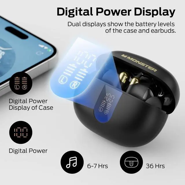 Alt view image 5 of 7 - Monster N-Lite 211 Wireless Earbuds Bluetooth 6.0 Stereo Headphones with Noise-Cancelling Mic and LED Display, Built-in Mic for Clear Calls, Waterproof Design for Sports