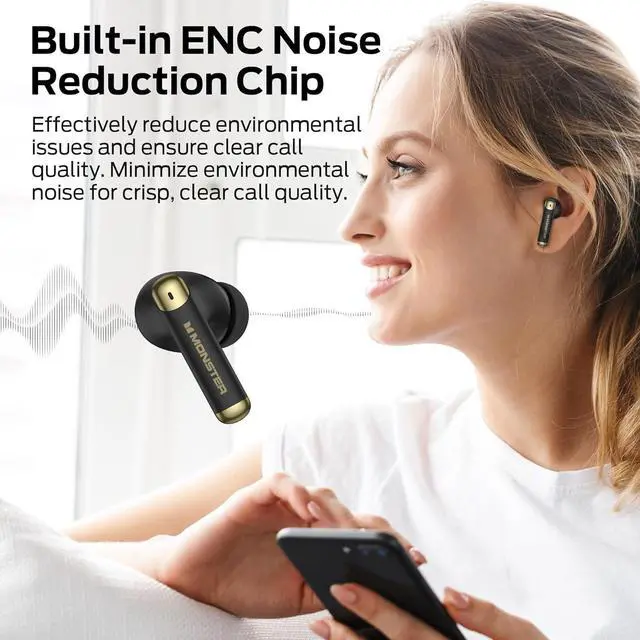 Alt view image 6 of 7 - Monster N-Lite 211 Wireless Earbuds Bluetooth 6.0 Stereo Headphones with Noise-Cancelling Mic and LED Display, Built-in Mic for Clear Calls, Waterproof Design for Sports