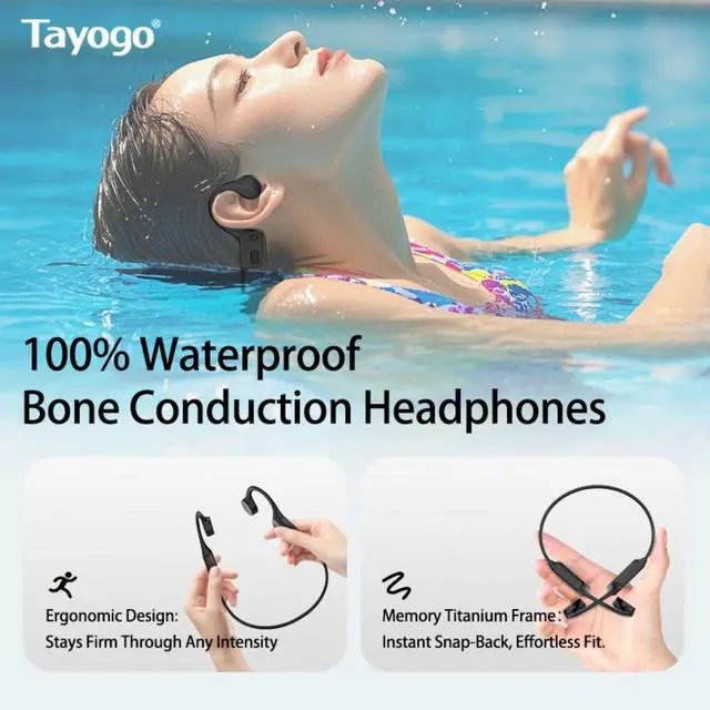 Alt view image 7 of 7 - Tayogo Swimming Headphones, IPX68 Waterproof Bone Conduction Headphone Bluetooth 5.4, Open Ear Headset,32G of MP3 Player, Running, Cycling, Earbuds Underwater