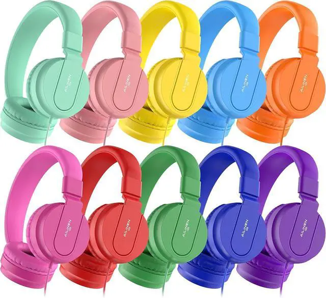 Main image of Classroom Headphones Bulk 10 Pack - Kids Headphones for School K-12 Student, 93dB Volume Limited On-Ear Wired Headset with Microphone, Durable 3.5mm Jack for Class Set Library Computer (Mixed Color)