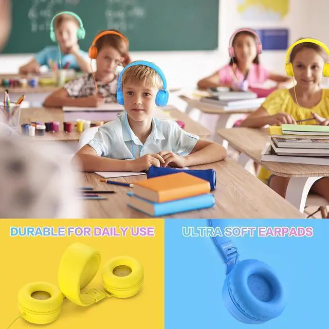 Alt view image 7 of 7 - Classroom Headphones Bulk 10 Pack - Kids Headphones for School K-12 Student, 93dB Volume Limited On-Ear Wired Headset with Microphone, Durable 3.5mm Jack for Class Set Library Computer (Mixed Color)